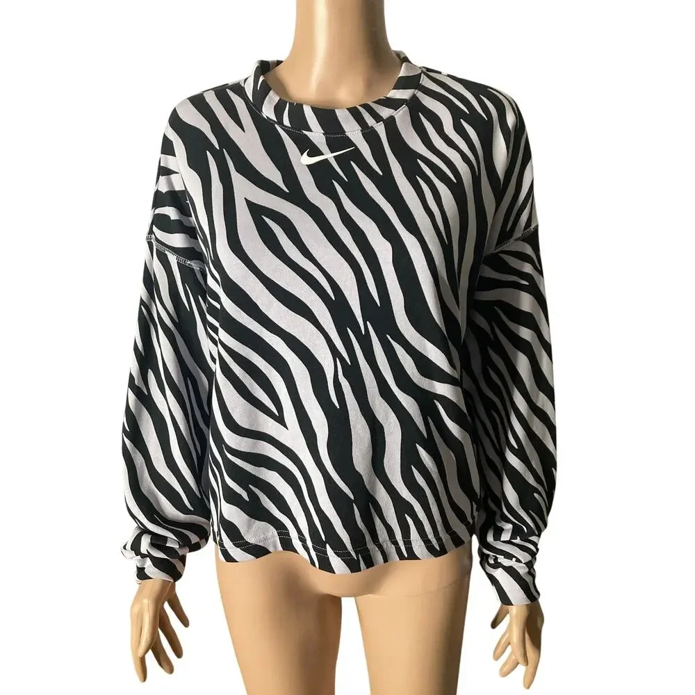 Nike Zebra Print Sweatshirt Womens Small Center Swoosh Black White Oversized